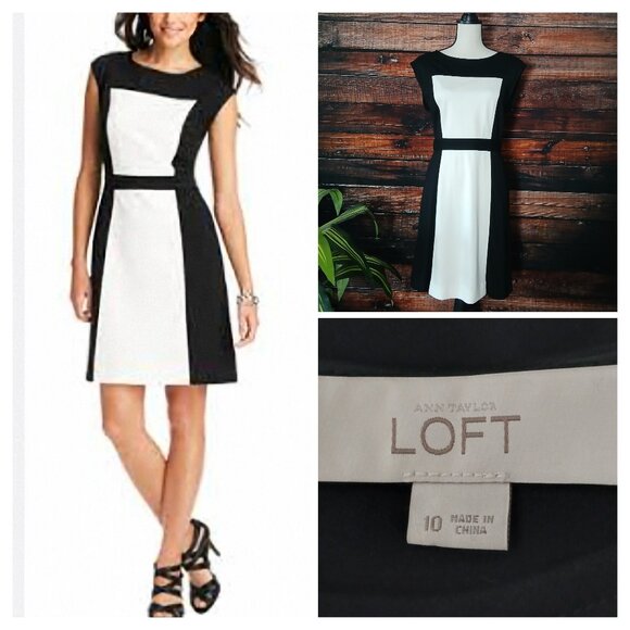 Ann Taylor LOFT Dress Size 10 Sheath Ponte Black White Color Block Zip Back - Picture 1 of 8